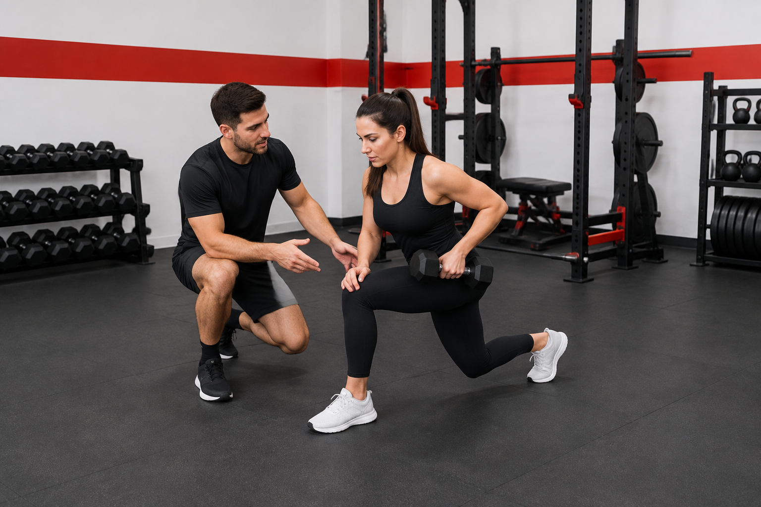 Personal trainer coaching a client one on one at FP Fitness in Burlington, Ontario